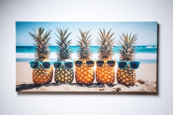 Rechteckiges Akustikbild an einer Wand mit einem Motiv, das 5 Ananas mit Sonnenbrillen zeigt