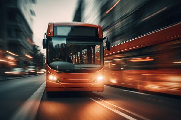 roter Bus fährt in einer Stadt bei Dämmerung