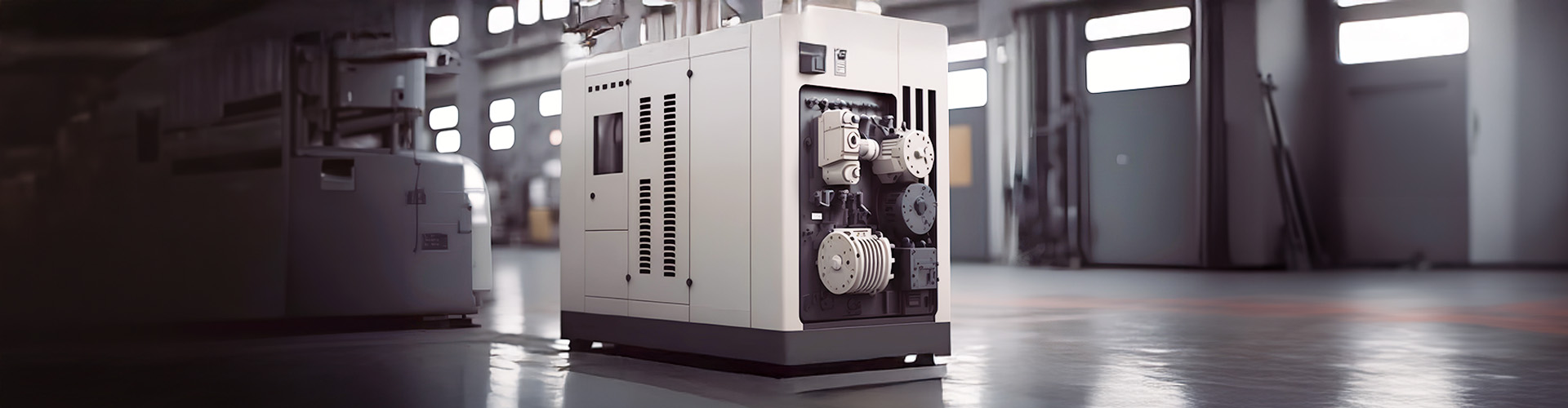 Eine kleine Maschine steht auf einem Hallenboden