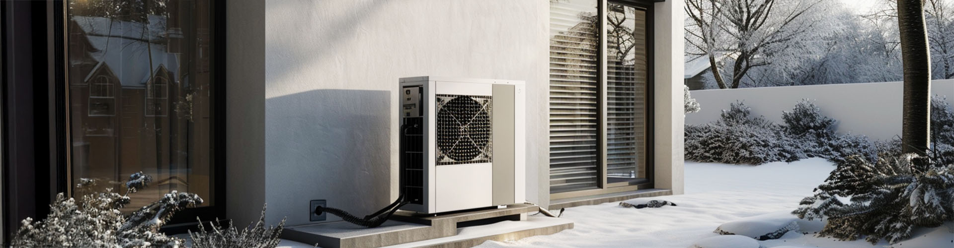 Eine W&auml;rmepumpe steht an einer wei&szlig;en Hauswand