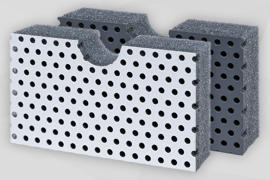 PUR-Schaumstoff Cello® 485 Dunkelgraue und weiße Schaumstoffplatte stehend mit gelochter Kunstlederoberfläche